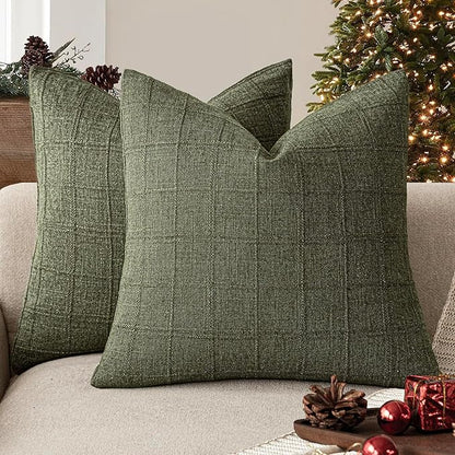 Foindtower Set of 2 Decorative Linen Check Throw Pillow Covers Neutral Farmhouse Vintage Cushion Covers Modern Boho Home Decor for Sofa Chair Couch Bedroom Living Room,26×26 Inch,Olive Green