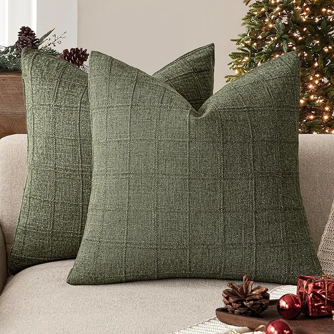 Foindtower Set of 2 Decorative Linen Check Throw Pillow Covers Neutral Farmhouse Vintage Cushion Covers Modern Boho Home Decor for Sofa Chair Couch Bedroom Living Room,16×16 Inch,Olive Green
