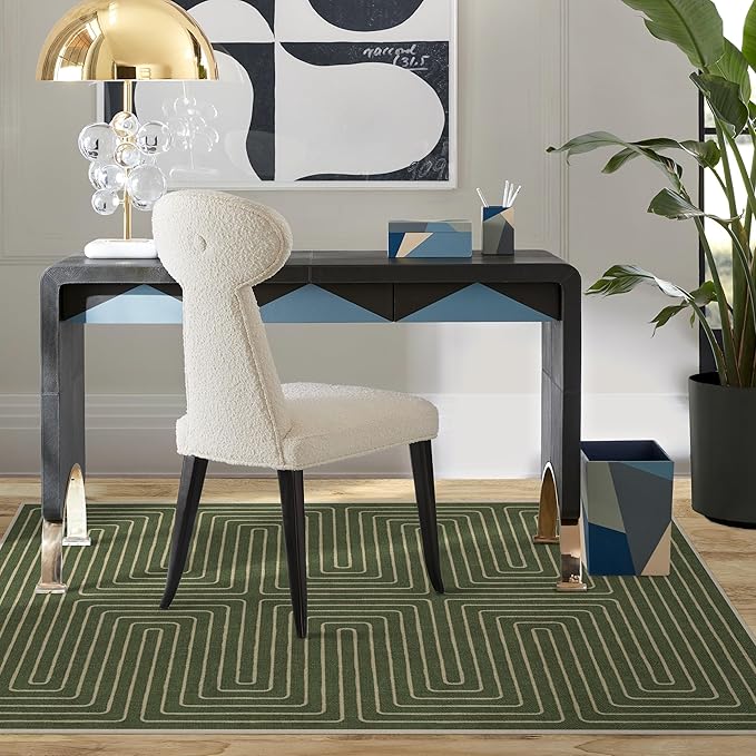 RUGGABLE x Jonathan Adler Machine Washable Modern Area Rug – Labyrinth Fern Green 3x5, Stain-Resistant, Non-Slip – Small Rugs for Living Room, Bedroom, Hallway, Entryway & Office–with Standard Pad