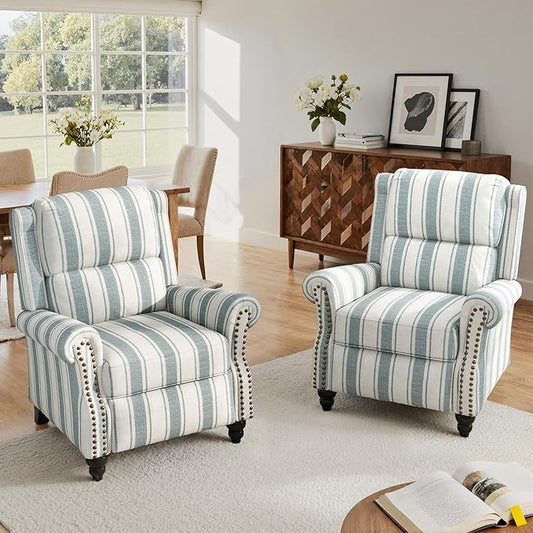 Lumibee Recliner Chairs Set of 2,Pushback Armchairs for Small Spaces,Adjustable Backrest & Footrest Accent Chairs in Comfy Fabric for Living Room, Bedroom-Stripe Bluee