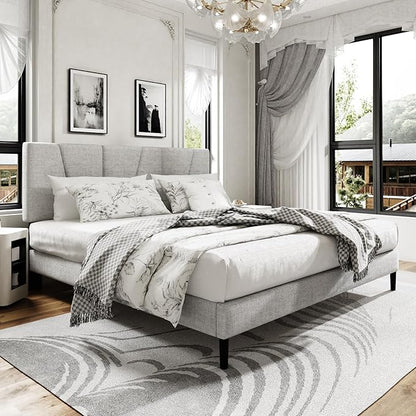 King Size Platform Bed Frame with Upholstered Headboard, Wooden Slats Support, Noise Free, No Box Spring Needed, Easy Assembly, Light Grey, Linen
