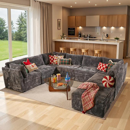 130'' Modern Modular Sectional Sofa with Ottoman, 8 Pieces U Shaped Cloud Couch for Living Room, Oversized Deep Seat Convertible Sofa Set, Plush Corduroy Gray