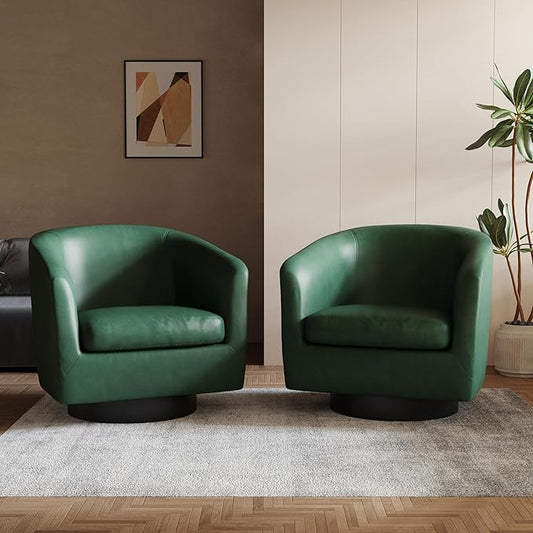 Lumibee Swivel Accent Chairs Set of 2, Faux Leather Swivel Barrel Chairs for Living Room, Modern Comfy Upholstered Round Armchairs Single Sofa Chairs for Bedroom, Club-Green