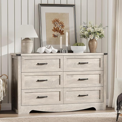 Dresser for Bedroom with 6 Drawers, 48" Wide Wood Chest of Drawers with Deep Drawers & Mental Handle, Modern Dresser TV Stand, Wooden Closet Storage Organizer for Living Room, Hallway, Entryway, Grey
