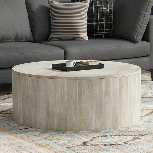 SIMPLIHOME Millbury Drum Coffee Table - 36 inch Wide Solid Mango Wood Round Living Room Table in White Wash, Contemporary Cocktail Table for Family Room or Lounge with Large Surface, Assembled