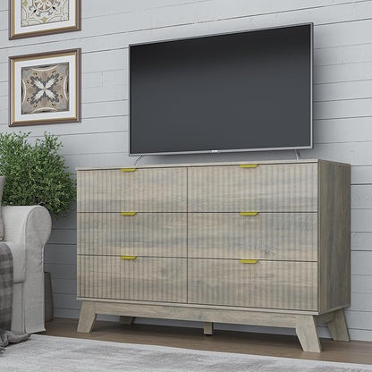 Fluted 6 Drawer Dresser, 47.2" Wide Modern Boho Chest of Drawers, Wooden Storage Dresser TV Stand for Bedroom, Living Room, Closet, Hallway, Curved Profile Design