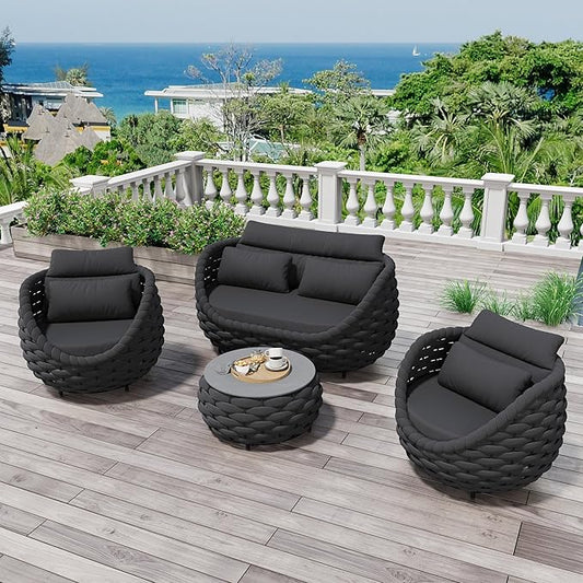 4 Pieces Outdoor Patio Furniture Set, All Weather Textilene Patio Conversation Set Patio Sofa and Loveseat Set with Table Cushions for Bistro Poolside Garden Backyard Hotel - Dark Gray
