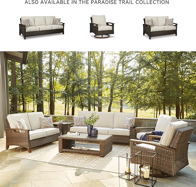 Signature Design by Ashley Paradise Trail Outdoor Swivel Upholstered Lounge Chair with All Weather Cushion, Set of 2, Cleanable Performance Fabric, Beige