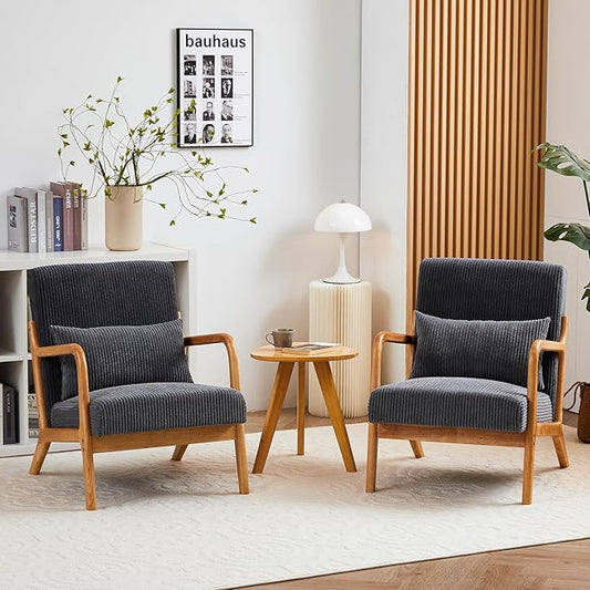 Accent Chairs, Set of 2 Mid-Century Modern Chair with Pillow, Armchair with Solid Wood, Reading Relaxing Leisure Chair for Living Room,（Grey）