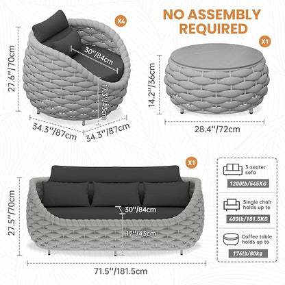 Aluminum Outdoor Couch Set: 6 Pieces Woven Rope Patio Conversation Set - Metal Modern Porch Furniture Sofa Set - All Weather Assembled Deck Seating for Courtyard Backyard Rooftop Hotel Resort