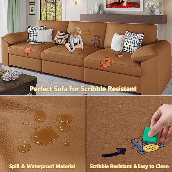 EASE MOOSE 3 Seater Deep Seat Sectional Sofa, Scratch Resistant Faux Leather Material, Oversized Modular Couch for Living Room,Modern Comfy Sofas for Small Spaces,Brown
