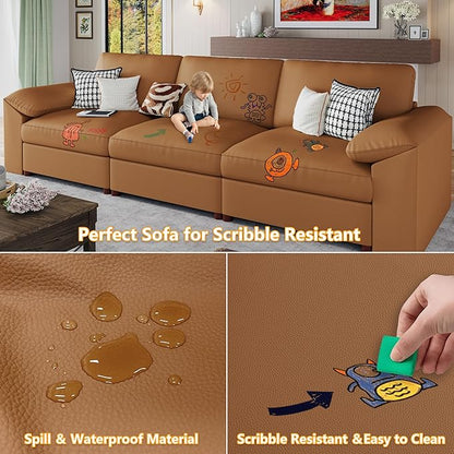 EASE MOOSE 3 Seater Deep Seat Sectional Sofa, Scratch Resistant Faux Leather Material, Oversized Modular Couch for Living Room,Modern Comfy Sofas for Small Spaces,Brown