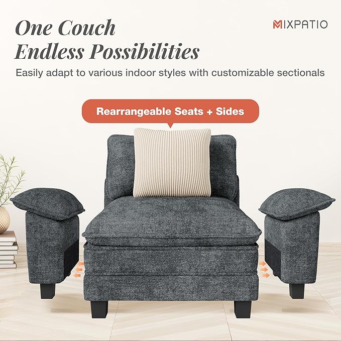 123-Inch U Shaped Sectional Sofa with Cloud Cushions, Deep Seat Modular Couch Set w/ 5 Seats & 2 Ottomans, Removable Arms, Plush Chenille Upholstery for Living Room, Apartment - Cyan