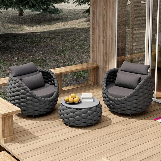 Front Porch Furniture Set 3 Piece: Aluminum Woven Rope Patio Conversation Sofa Set for 2 - Assembled Outdoor Couch Armchair Set Cushions - for 400lb Deck Balcony Pool Yard Hotel - Dark Gray
