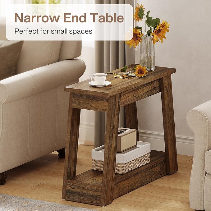 Tribesigns Wood End Table Set of 2, Small Side Table with 2 Storage Shelves, Rustic Accent Narrow Nightstand for Living Room, Bedroom (2)