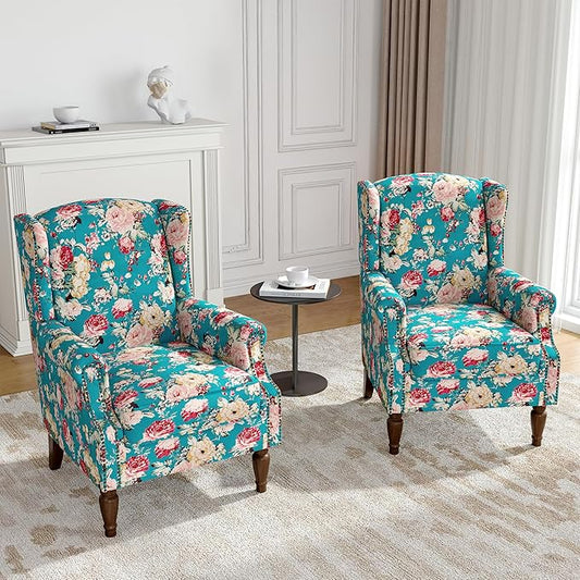 Wingback Accent Chairs Set of 2, High Back Upholstered Armchair, Floral Fabric Wingback Arms Chairs with Retro Solid Wood Legs, Single Sofa Reading Chair for Bedroom Living Room, Peacock Blue