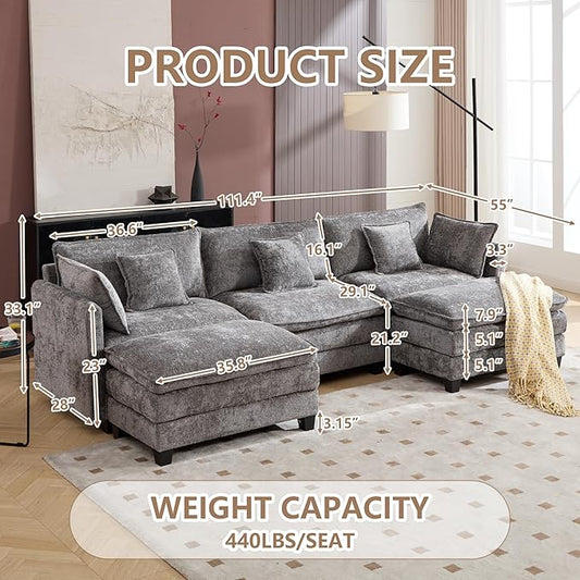 Plush Modular Cloud Sofa Set with Ottoman | L/U-Shaped Deep Seating Chenille Sectional for Family Living Room