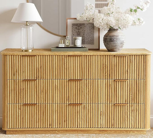 win2win 9 Drawer Dresser, Mid Century Modern Dresser with Storage, 55" Wide Fluted Chest of Drawers with Faux Marble Top, Dressers TV Stand, Drawers Organizer for Bedroom, Living Room, Hallway Oak