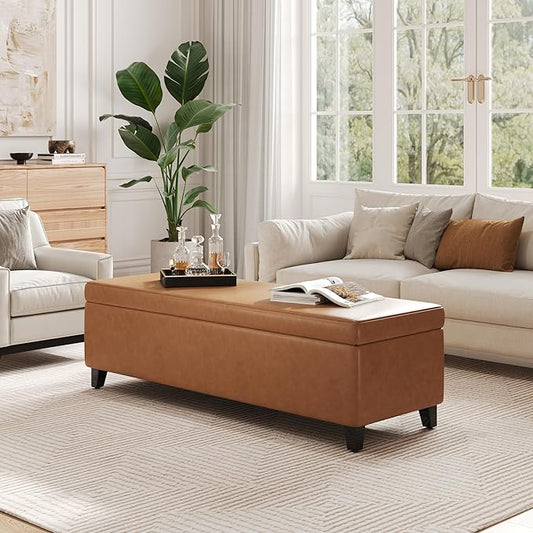 Christopher Knight Home York PU Storage Ottoman,Rectangular Ottoman Bench,Faux Leather Living Room Ottoman,Upholstered Storage Bench,Foot Rest Bench for Living Room,Entryway and Bedroom,Orange Brown
