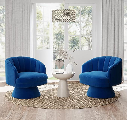 Swivel Accent Chair Set of 2,Upholstered Velvet 360° Swivel Barrel Chair for Living Room Overstuffed Bouncle Reading Chair Round Armchair for Bedroom,Vanity,Office (Navy)