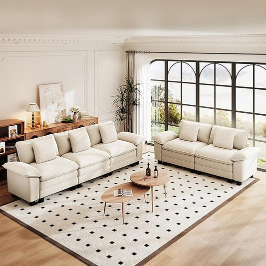 PHI VILLA Cloud Modular Couches Sets, 2 Pieces Comfy Sectional Sofa Set with Loveseat, 5-Seater Upholstered Couch for Living Room, Chenille Fabric, Beige