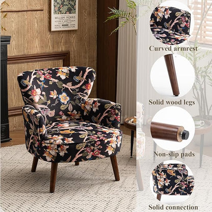 Floral Accent Chair Set of 2, Upholstered Living Room Chairs with Solid Wood Legs, Mid Century Modern Velvet High Back Armchair for Bedroom, Living Room, Black
