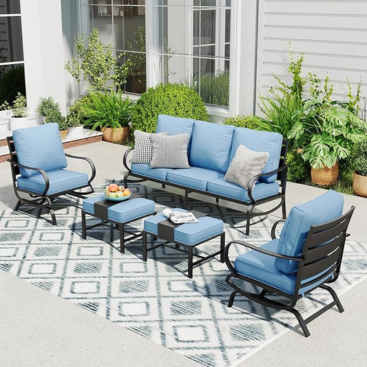 Sophia & William Patio Furniture Sets 5 Seats Outdoor Metal Conversation Sets 5 Pcs with 2 x Cushioned Swivel Sofa Chairs,1 x 3-Seat Sofa,2 x Ottomans for Coffee Lawn Backyard Poolside Blue