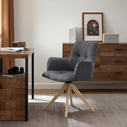 Art Leon Swivel Chair - Mid Century Modern Desk Chair Without Wheels, Fabric Upholstered Accent Chair with Oak Wood Legs for Small Space Living Room Bedroom, Dark Gray