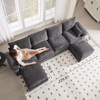 130" U Shaped Modular Sectional Sofa, Couch with Ottoman Storage, Chenille Cloud Couch with Plush Deep Seating for Living Room, Bedroom (7 Seat, Grey)