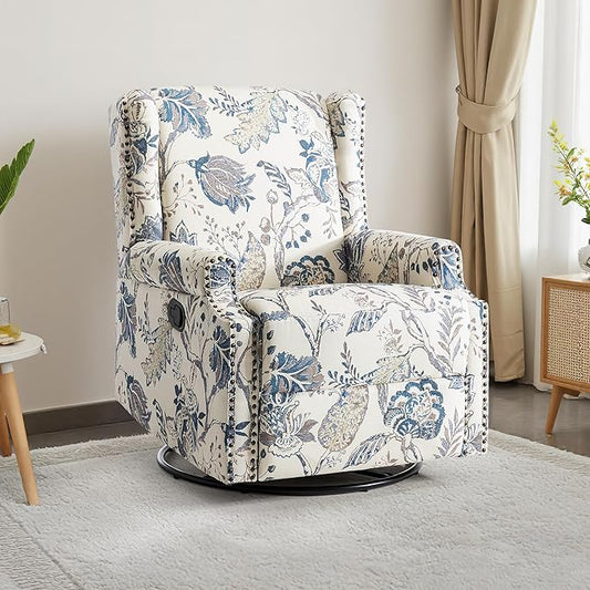 UIXE Swivel Rocker Manual Recliner Chair, Wingback Swivel Glider Fabric Nursery Reclining Sofa Chair, High Back Upholstered Arm Chair for Living Room Bedroom - Blue Plants