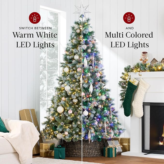 Best Choice Products 6ft Pre-Lit Scotch Pine Christmas Tree, Premium Frosted Pre-Decorated Artificial Holiday Decor w/ 946 Branch Tips, 2-in-1 White and Multicolor LED Lights, Cordless Setup