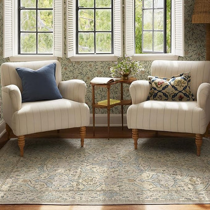 RUGGABLE x Morris & Co Washable Area Rug – Montreal Natural Blue 5x7, Stain-Resistant, Non-Slip – Medium Machine Washable Rugs for Living Room, Bedroom, Hallway, Entryway & Office–with Cushioned Pad