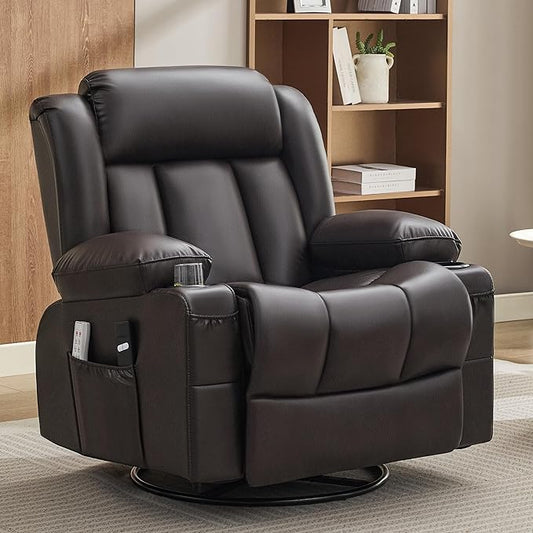 Power Swivel Rocker Recliner Chair with Heat and Massage, USB and Type-C Charging Port, Electric Glider Rocking Chairs, Oversized Recliner Chairs for Adults(Leather, Dark Brown)