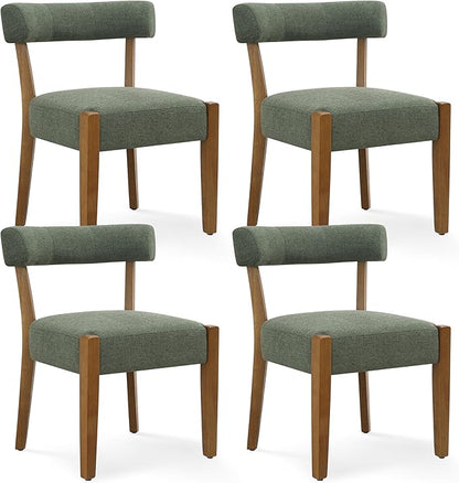 Modern Green Dining Chairs Set of 4, Walnut Upholstered Kitchen & Dining Room Chairs, Mid Century Modern Wooden Dining Chairs Oversized Sturdy Fabric Rounded Chairs Curved Back