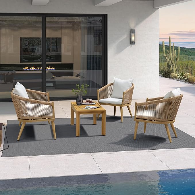 PURPLE LEAF 4 Pieces Patio Conversation Set Outdoor Wicker Furniture with Aluminum Table and Rattan Chairs Sofa Cushions Included for Porch Backyard Garden Balcony Teak