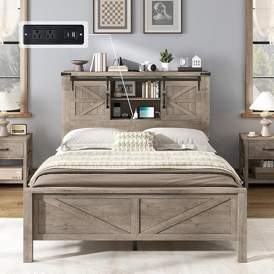 AMERLIFE Farmhouse Full Bed Frame with Storage Headboard & Charging Station, Rustic Wood Platform Bed with Barn Door Bookcase, No Box Spring Needed, Light Grey Bedroom Furniture