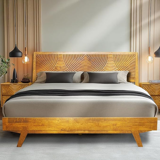 Acacia Harmony King Platform Bed Frame – Solid Rubber Wood, Caramel Finish, Mid-Century Modern Design, Unique Circular Wood Grain, 800lbs Capacity, No Box Spring Needed, Easy Assembly