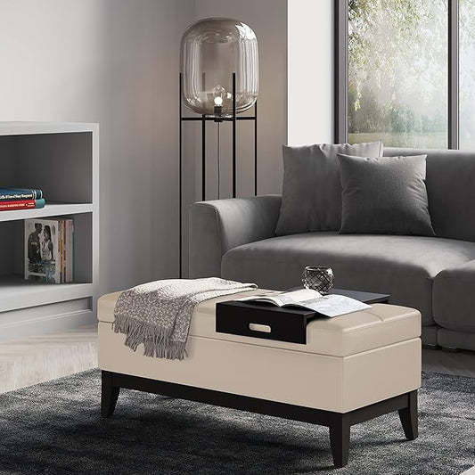 SIMPLIHOME Oregon 42 inch Wide Transitional Rectangle Storage Ottoman Bench with Tray in Satin Cream Vegan Faux Leather, Assembled, For the Living Room, Entryway and Family Room