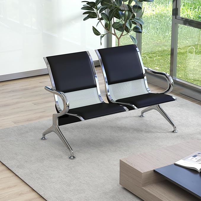 Kinsuite 5-Seat PU Leather Reception Bench - 2pcs Waiting Room Chairs with Arms & Non-Slip Foot Mats, Reception Chairs Guest Chair for Office Airport Bank Salon, Black