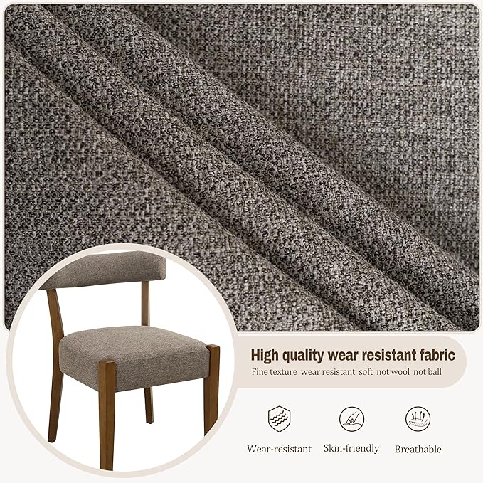 Modern Dining Chairs Set of 8, Walnut Upholstered Kitchen & Dining Room Chairs, Mid Century Wooden Dining Chairs Oversized Sturdy Fabric Rounded Chairs Curved Back, Tan Brown