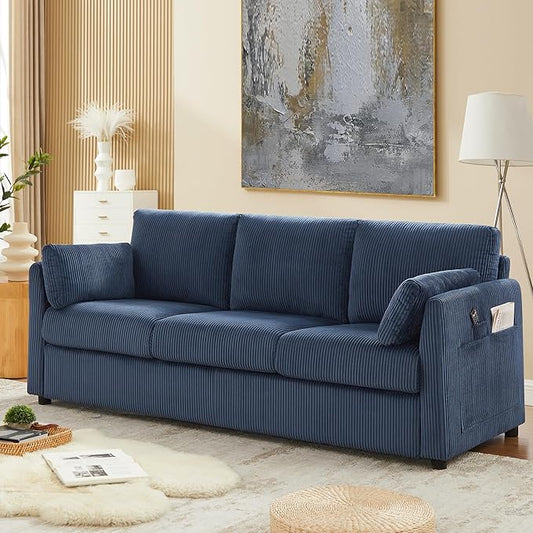 79" 3 Seater Couches for Living Room, Modern Corduroy Sofa with 2 Pillows and Storage Pockets, Comfy Small Couches for Apartment, Small Spaces, Home Office, Navy Blue