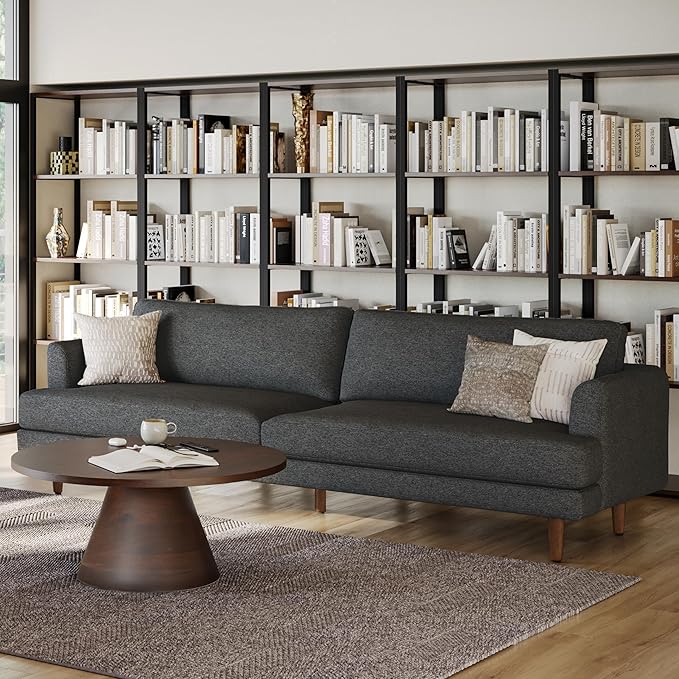 SIMPLIHOME Livingston 90-inch Wide Sofa in Charcoal Grey Woven-Blend Fabric, Handcrafted Mid-Century Modern Oversized 3-Seater Couch Sofa for Living Room or Family Room, Solid Wood Frame