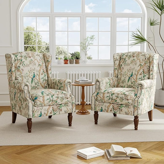 Accent Chair, Upholstered High Back Floral Armchair with Nailhead Trim & Wood Legs, Comfy Wingback Reading Single Sofa Chair for Small Spaces, Living Room, Bedroom