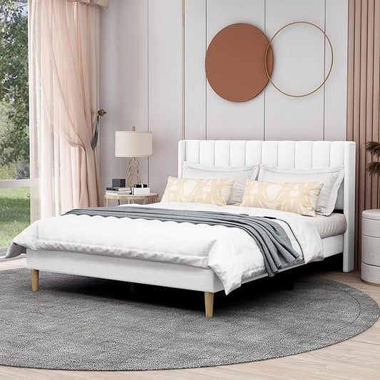 AGARTT Upholstered Platform Bed Frame Queen Size with Headboard and Footboard/Wooden Slats Support/No Box Spring Needed/Easy Assembly,White Linen