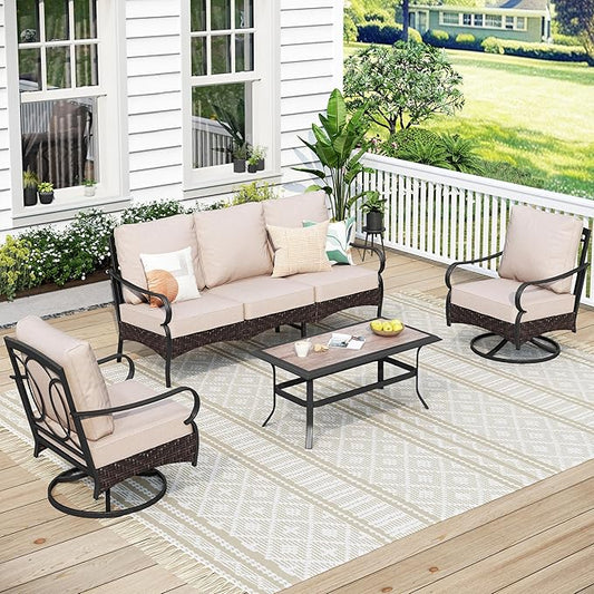 MFSTUDIO 4 Pieces Outdoor Patio Furniture Set, Metal Outdoor Conversation Set, Rattan Wicker Patio Sectional with 2 x Swivel Single Sofa, 3-Seat Sofa, 1 x Coffee Table, Beige