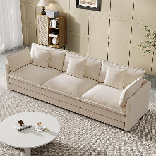 Modular Sectional Sofa, 111.5 Inch I-Shaped Cloud Sofa with Deep Seat Chenille Sofa with Cushions, Three-Self Sectional Sofa for Living Room Apartment,Light Coffee