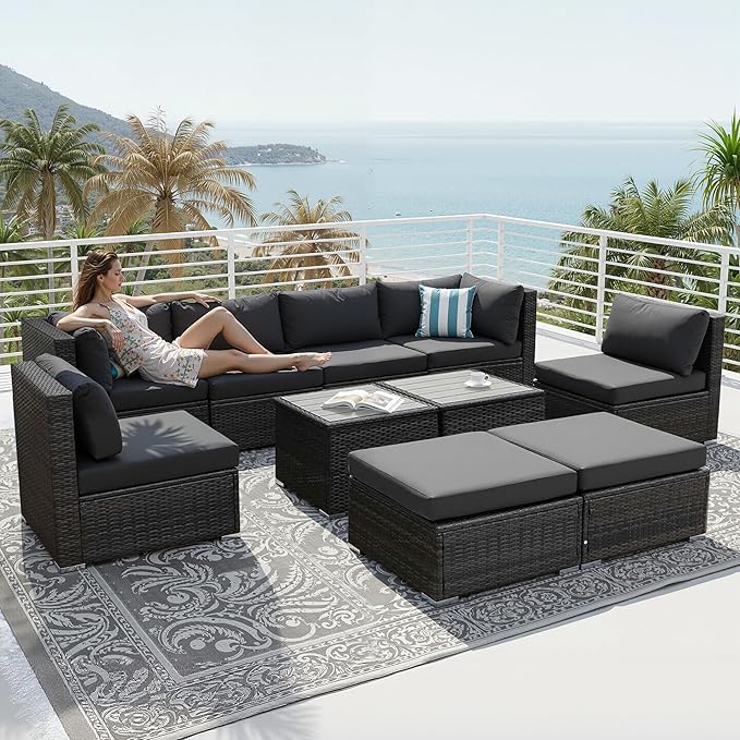 NICESOUL 10 Piece Modern Luxury 29.3'' High Back Outdoor Furniture Set, Extra Large Size PE Wicker Patio Modular Sectional with Side Tables, All-Weather Rattan Conversation for Backyard Deck, Grey