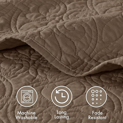 Madison Park Quebec Reversible Damask Design, Double Sided Quilting All Season, Lightweight Coverlet Bedspread Bedding Set, Matching-Shams, Queen(102"x118"), Mocha