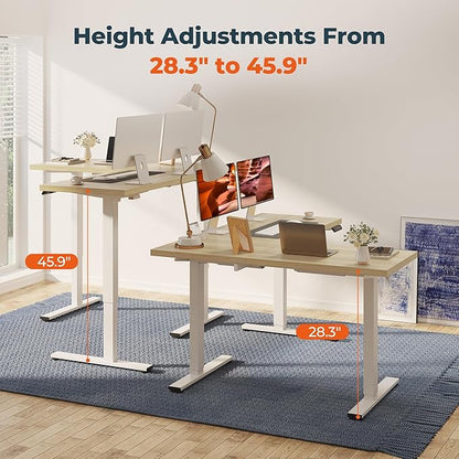 L-Shaped Standing Desk, 63 x 55 Inches Height Adjustable Desk, Sit and Stand up for Work Office Home, Ergonomic Rising Computer Table for Home Office with Splice Board, Maple