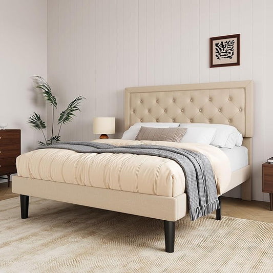 Allewie Full Size Button Tufted/Fabric Upholstered Bed Frame with Adjustable Headboard/Wood Slat Support/Mattress Foundation/Beige